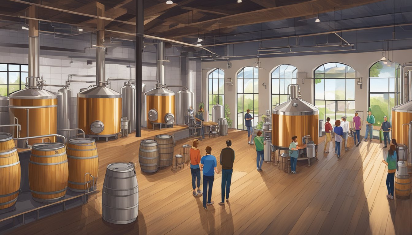 Visitors explore a modern brewery with stainless steel tanks, wooden barrels, and a tasting room. A guide leads a tour group through the facility, showcasing the craft beer-making process