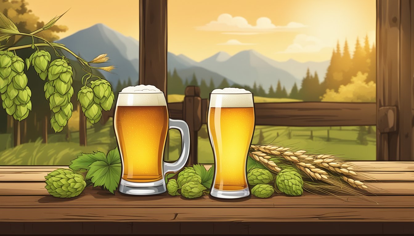 A rustic wooden table with various beer glasses, hops, and barley, surrounded by a warm and inviting atmosphere