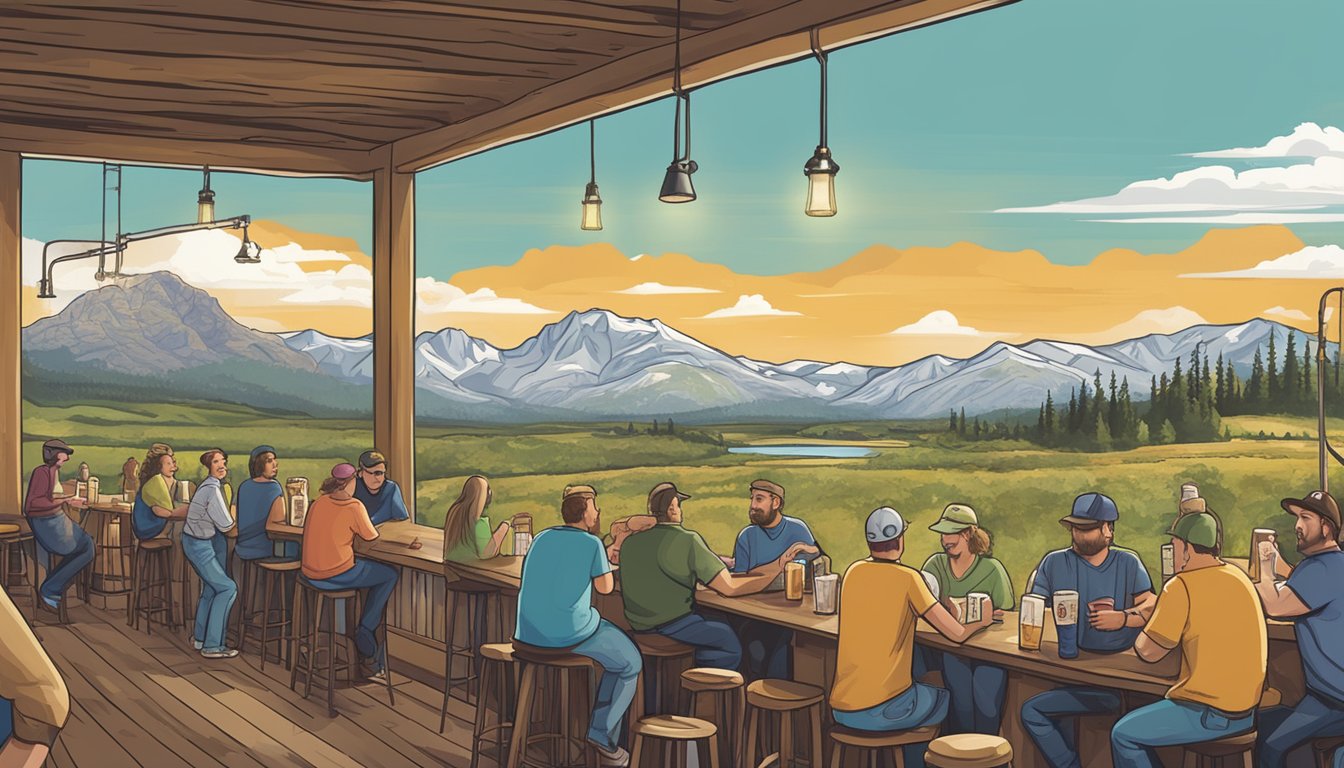 A bustling local brewery with patrons enjoying pints, surrounded by Idaho scenery and the brewery's logo prominently displayed