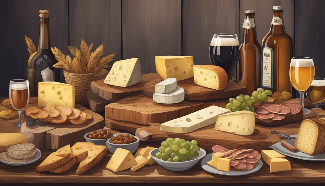 A rustic wooden table with a spread of gourmet cheeses, charcuterie, and artisanal bread, accompanied by an assortment of craft beer bottles and glasses