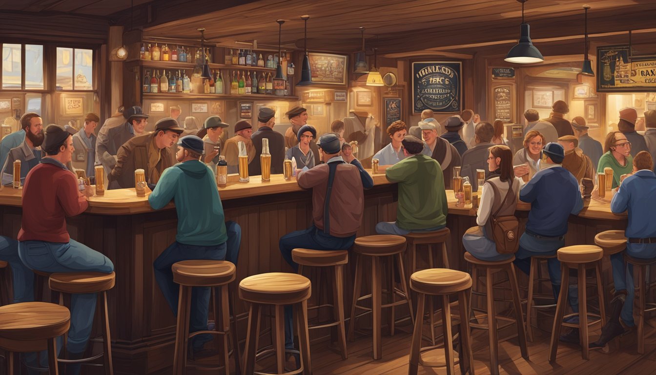 A bustling pub scene with patrons enjoying local craft beers, surrounded by wooden bar stools and vintage beer signs