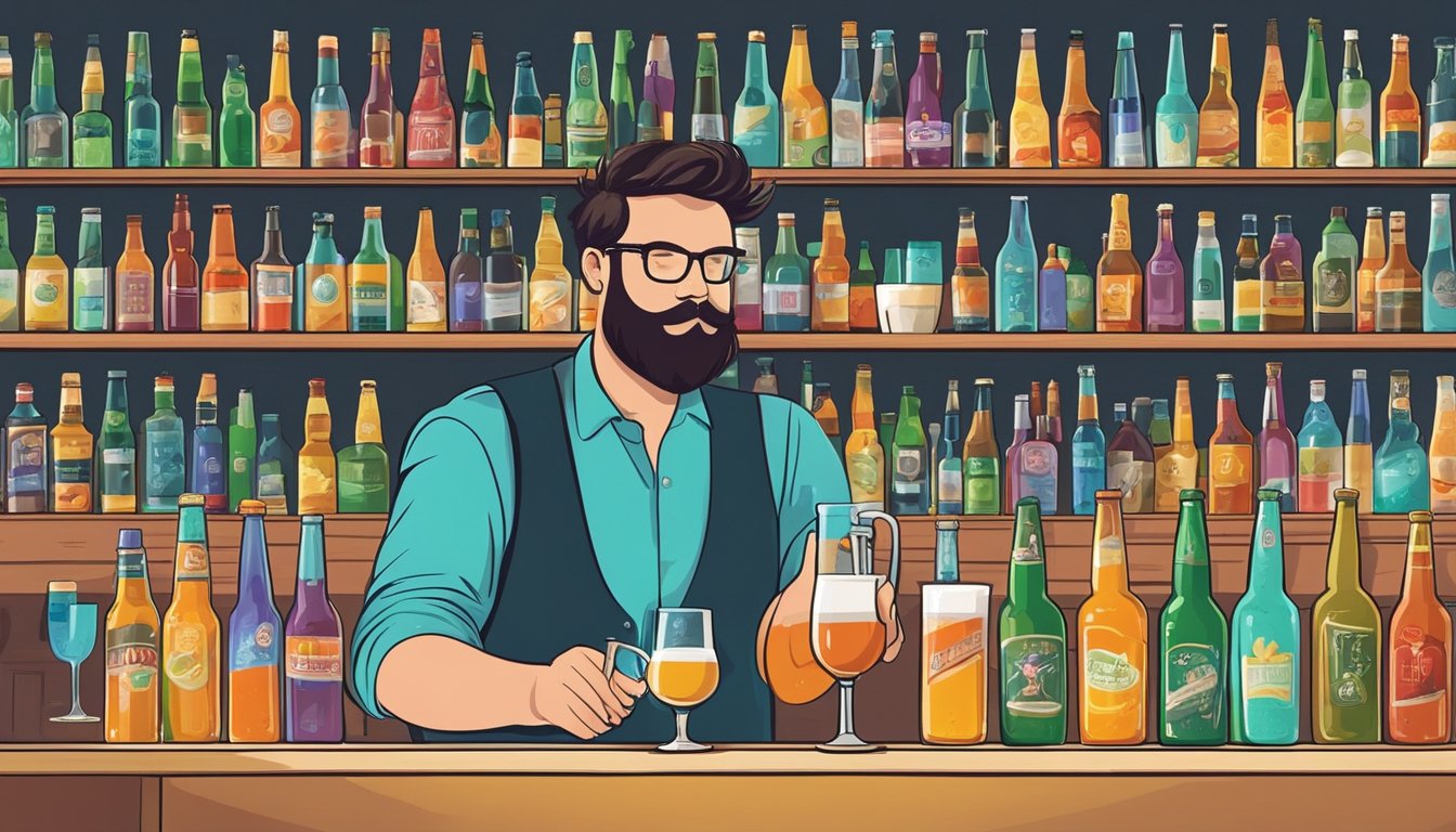 A bartender expertly pours a craft beer into a frosted glass, surrounded by shelves of colorful bottles and cocktail ingredients