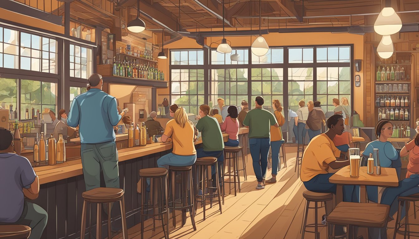 A bustling local brewery scene with people enjoying craft beer in a cozy, welcoming atmosphere