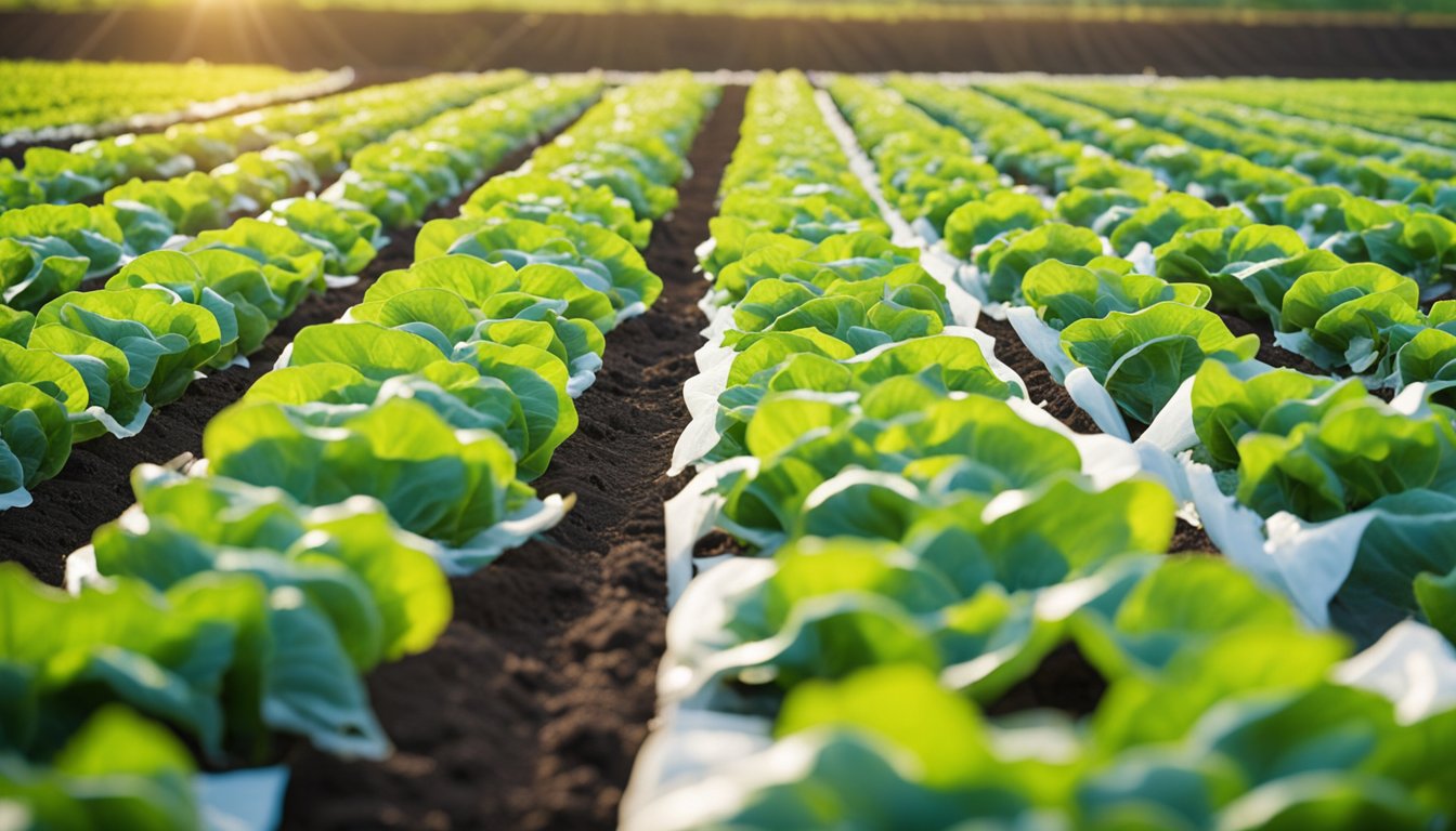 Rows of young lettuce in various stages, with drip irrigation and garden labels marking different varieties. Fine mesh row cover protects tender plants