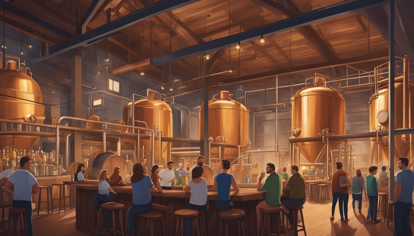 A bustling brewery with towering fermenters, wooden barrels, and a gleaming copper brewhouse. Patrons gather around the bar, sipping on various craft beers while chatting and enjoying the lively atmosphere