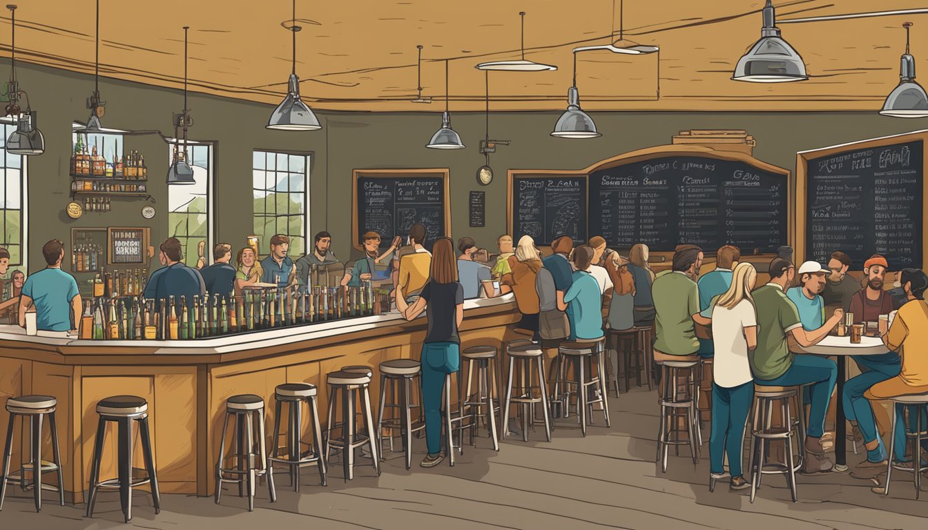 A bustling taproom with rows of gleaming beer taps and a chalkboard menu, surrounded by happy patrons enjoying pints of locally brewed craft beer