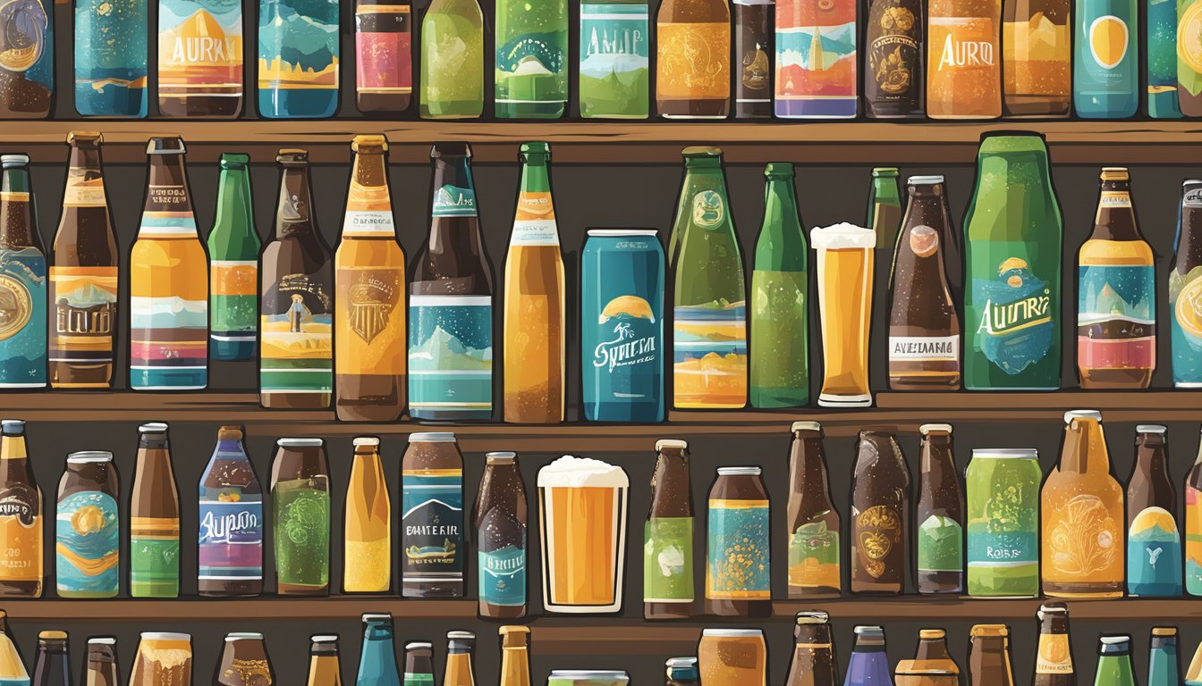 A colorful array of Aurora's unique craft beer styles on display in a local brewery, with various bottles and cans arranged in an artistic and inviting manner