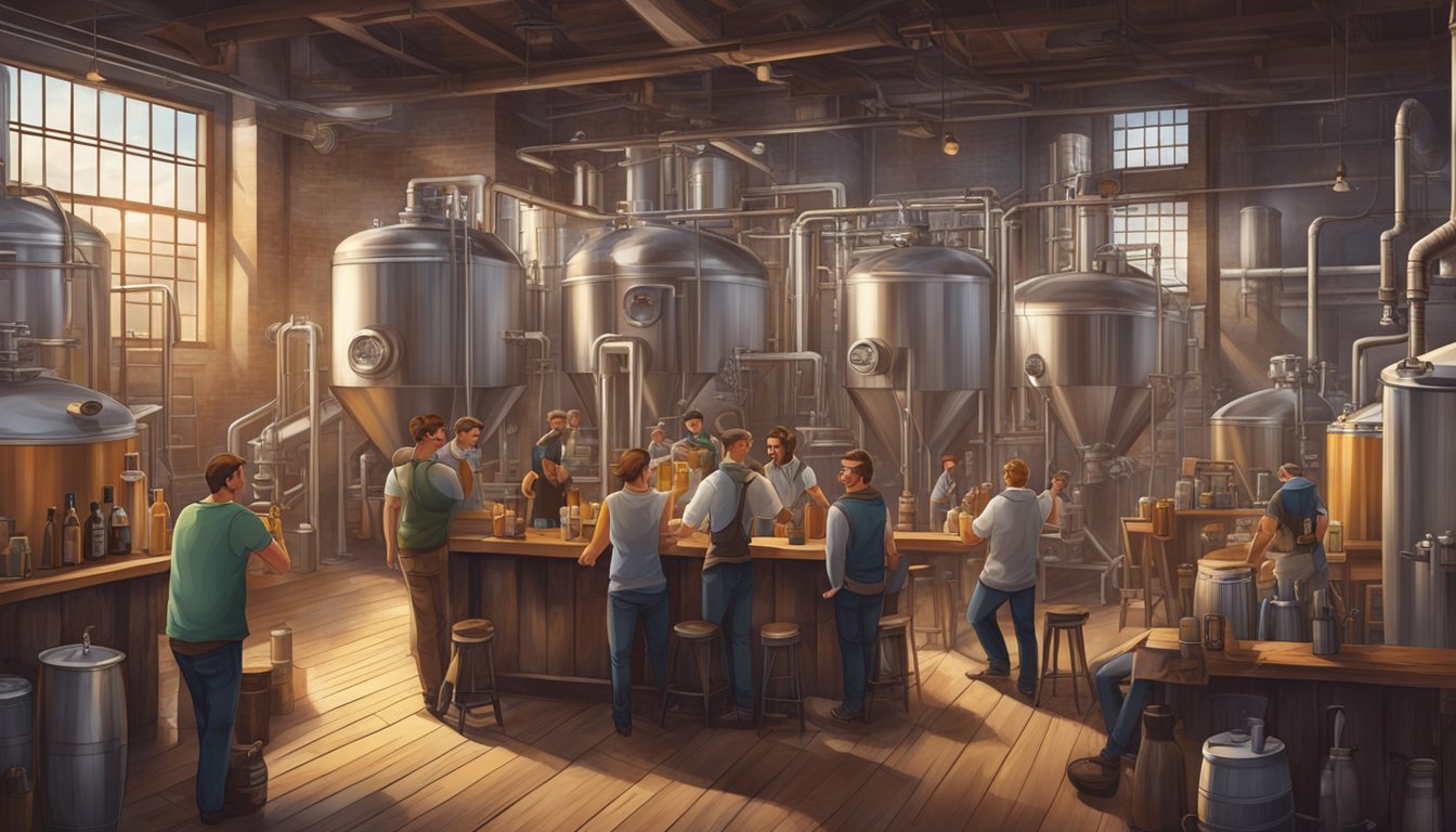 A bustling brewery scene with patrons enjoying craft beer, surrounded by industrial brewing equipment and rustic decor