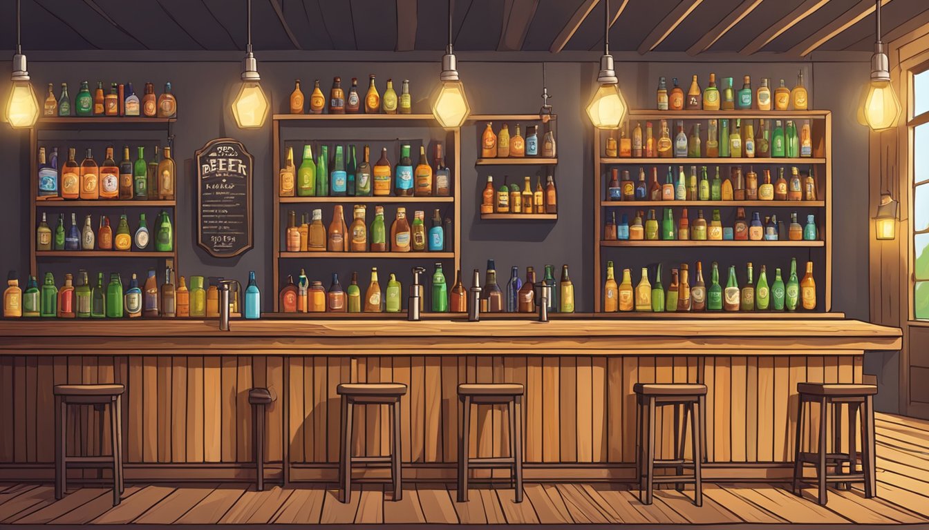 A cozy taproom with rustic wooden tables and shelves lined with colorful craft beer bottles and glasses. A bartender pours a frothy beer from a tap