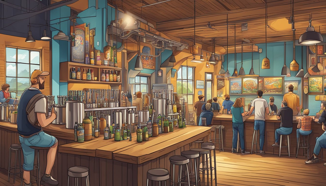 A bustling local craft brewery with a variety of unique beer taps, surrounded by vibrant murals and lively conversation