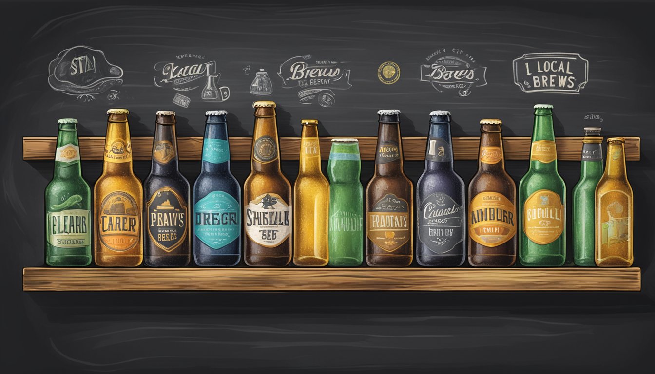 A row of colorful craft beer bottles on a rustic wooden shelf, with chalkboard signs listing the local brews at a restaurant in Davenport, IA