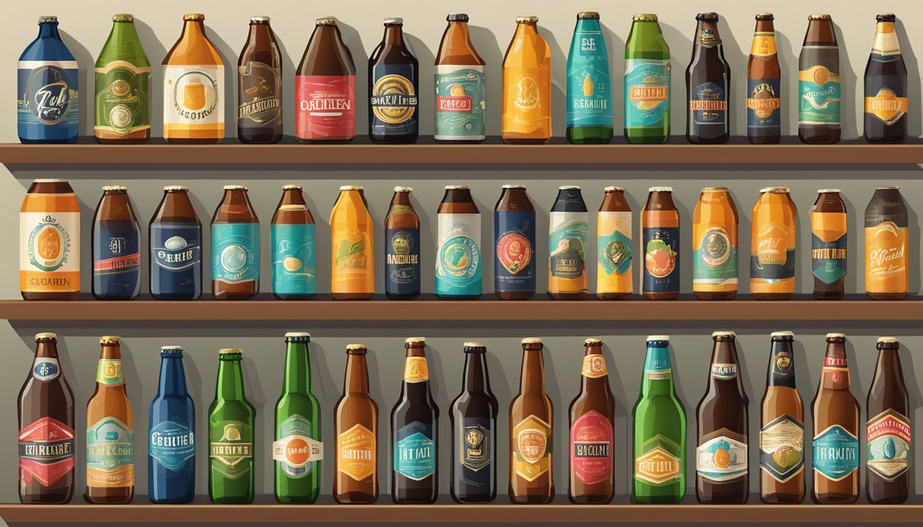 A variety of craft beer bottles and cans displayed on shelves with brewery logos and colorful labels