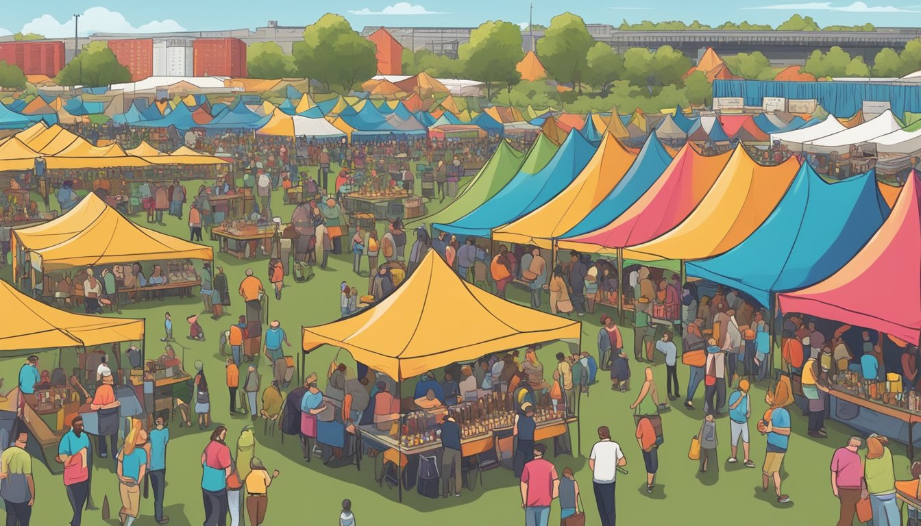 A bustling craft beer festival in Indianapolis, with rows of colorful tents, live music, and people sampling various brews