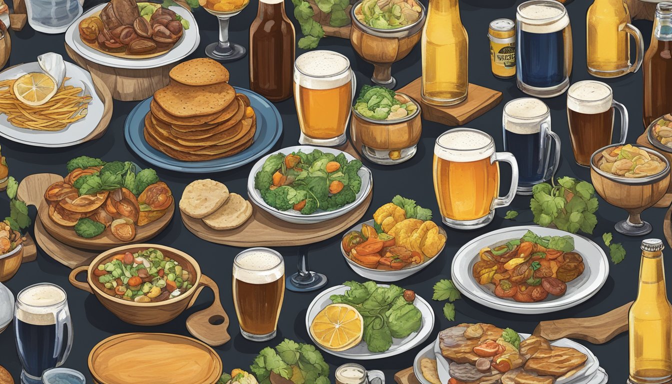 A table set with an array of colorful dishes and various craft beer bottles from local breweries in Aurora, IL