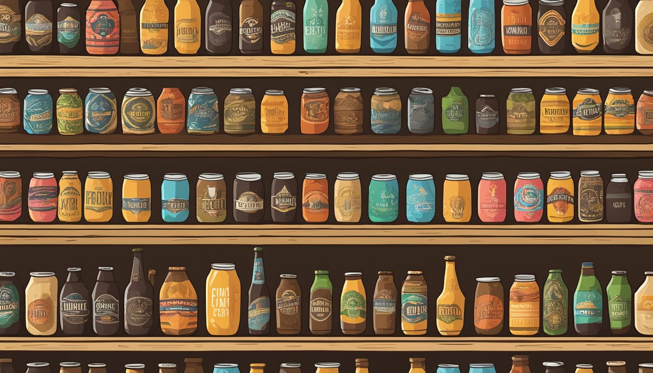 A row of colorful craft beer bottles and cans with unique labels displayed on a wooden shelf in a local brewery in Davenport, IA