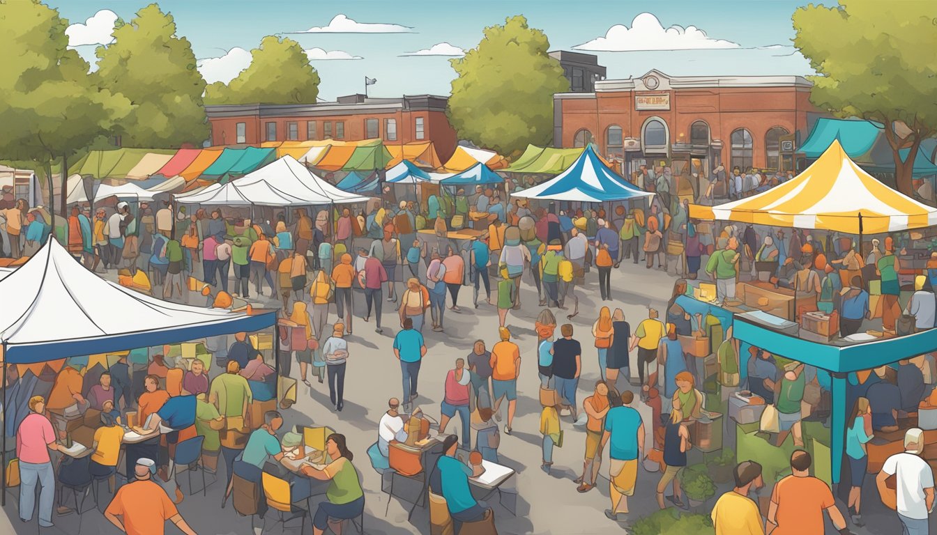 A bustling festival with colorful tents, live music, and people enjoying local craft beer in Aurora, IL