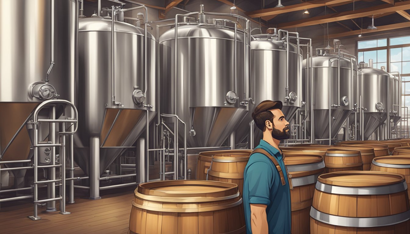 A brewery tour guide explaining the brewing process amidst a backdrop of stainless steel tanks and wooden barrels