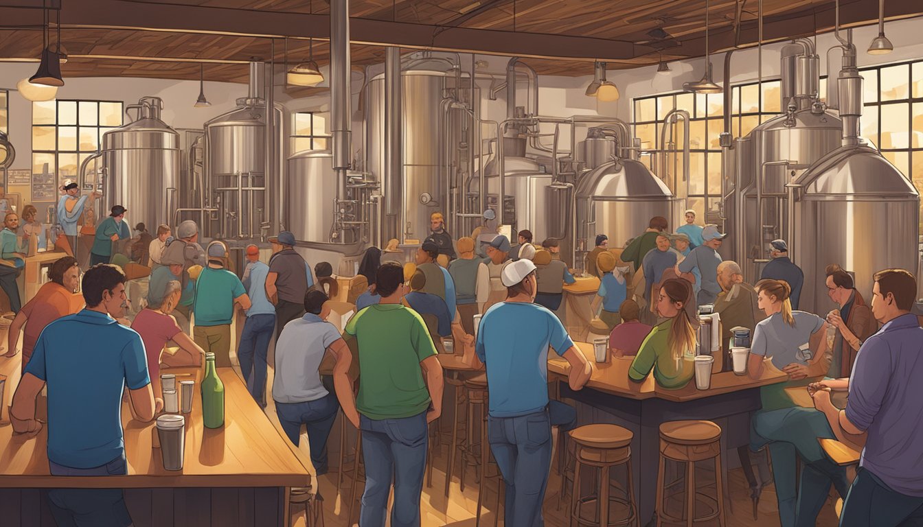 A bustling brewery scene with diverse patrons enjoying locally brewed craft beers in Aurora, IL