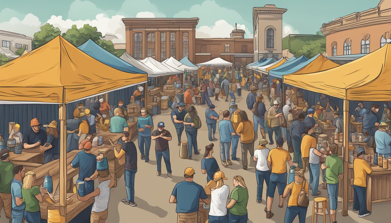 A bustling craft beer festival in Davenport, IA with local breweries showcasing their unique brews to a lively crowd