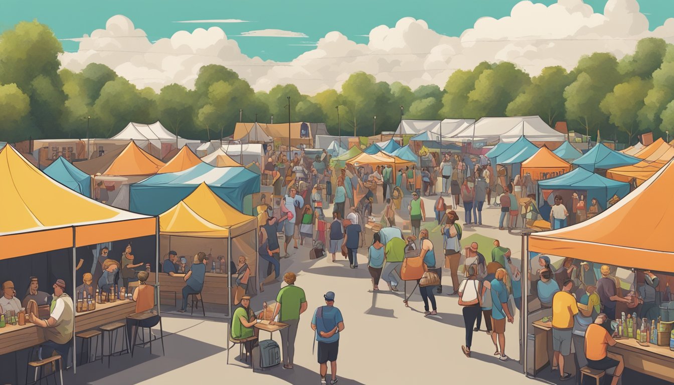 A bustling craft beer festival in Joliet, with colorful tents, live music, and people enjoying a variety of local brews