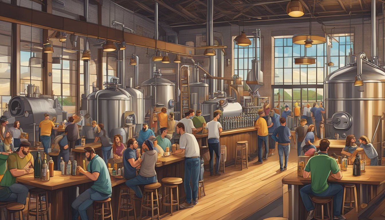 A bustling brewery scene in Joliet, IL with various craft beer logos, patrons enjoying tastings, and brewers working on new batches