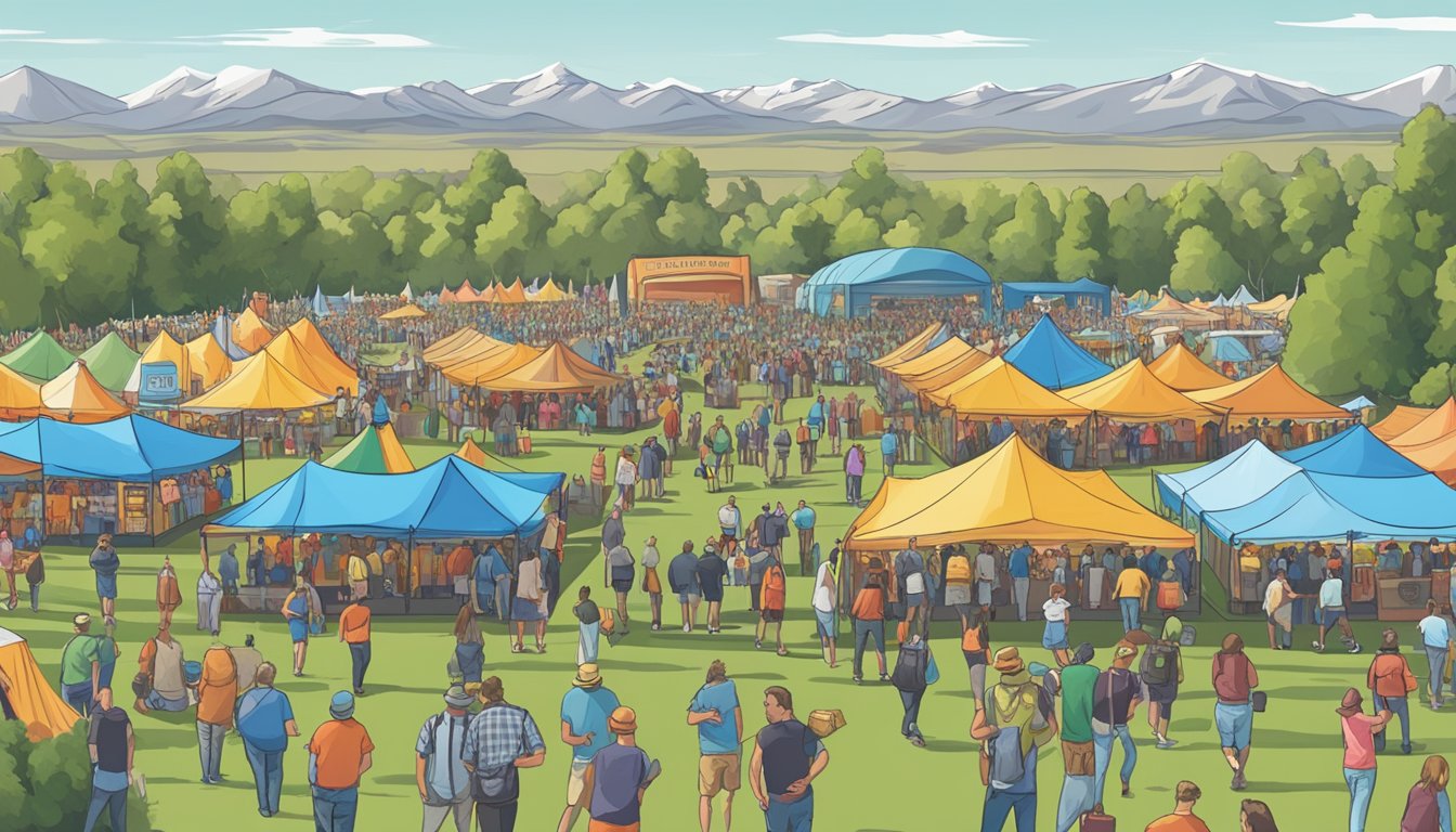 A bustling craft beer festival in Meridian, Idaho, with rows of colorful tents and a crowd of beer enthusiasts sampling various brews