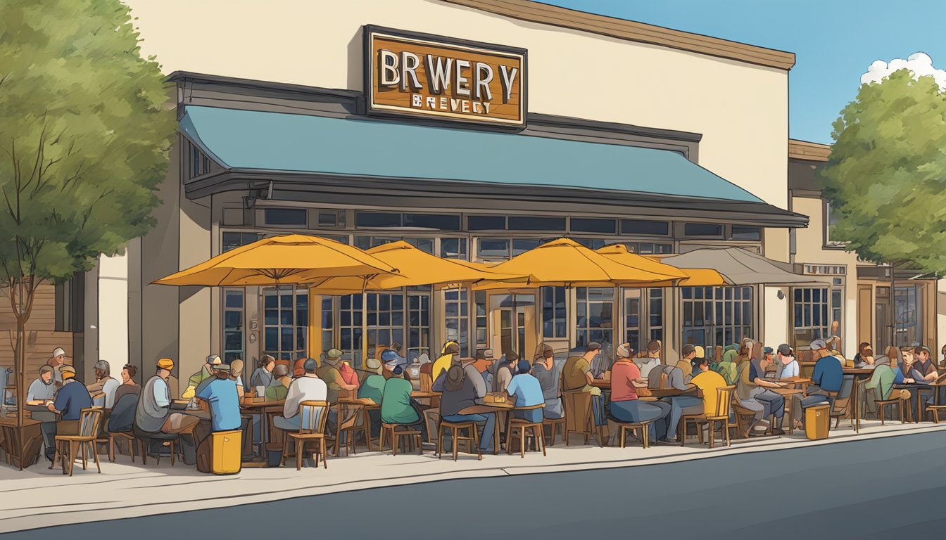 A bustling brewery scene with outdoor seating, colorful signage, and patrons enjoying craft beer in Olathe, Kansas