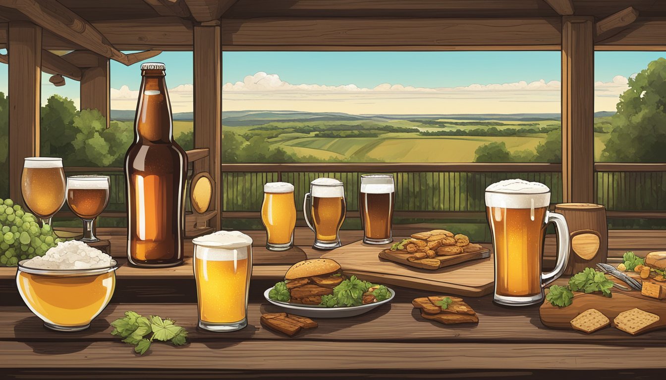 A rustic wooden table adorned with an array of local craft beers and various food pairings, set against a backdrop of the Olathe, KS landscape