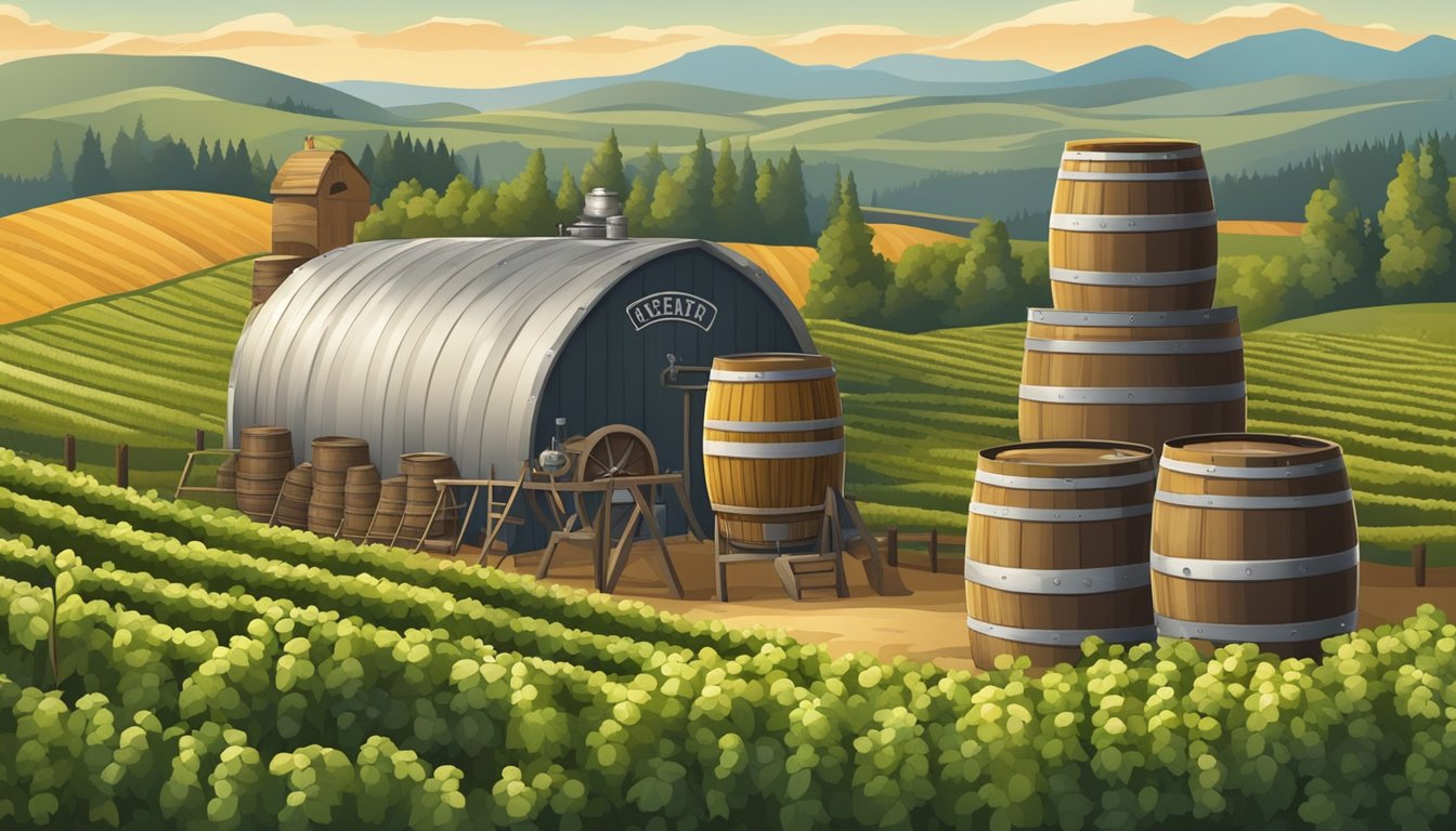 A rustic brewery with barrels and brewing equipment, surrounded by fields and hop vines, with a sign advertising a variety of hand-crafted beers