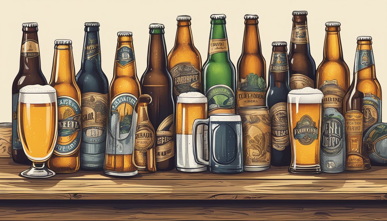 A hand holding a beer glass, surrounded by various craft beer bottles and cans on a rustic wooden table