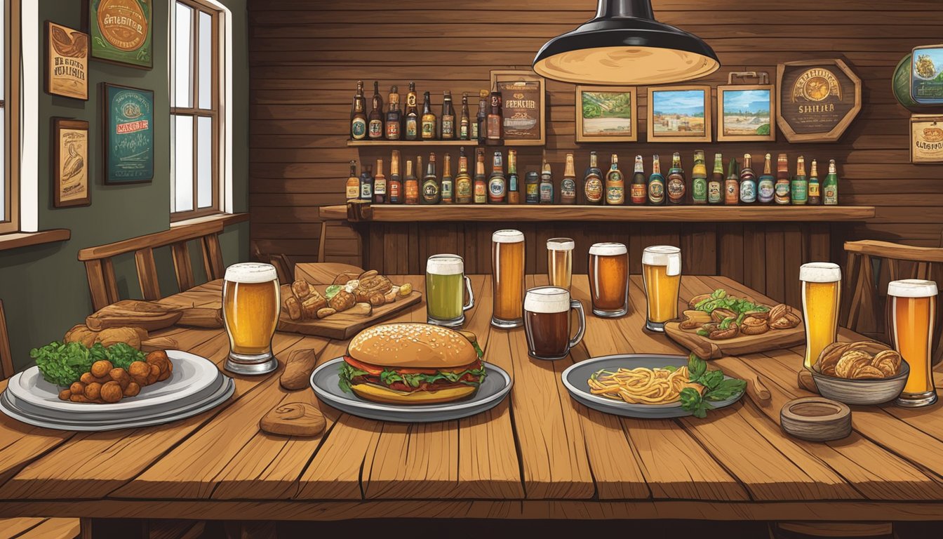 A rustic wooden table set with an assortment of gourmet food and a flight of craft beers, surrounded by Joliet, IL brewery signs and decor