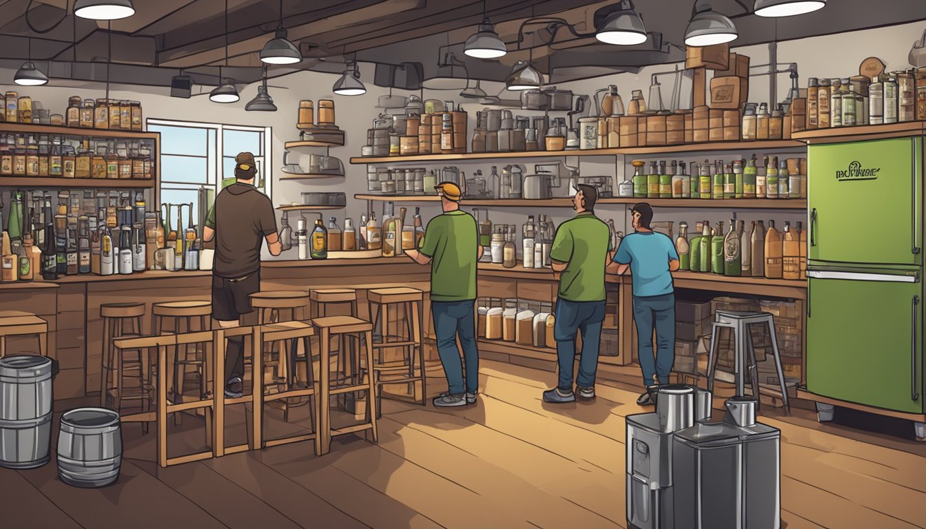 A bustling local homebrew shop in Olathe, with shelves stocked full of brewing supplies and equipment. A group of brewers chatting and exchanging tips