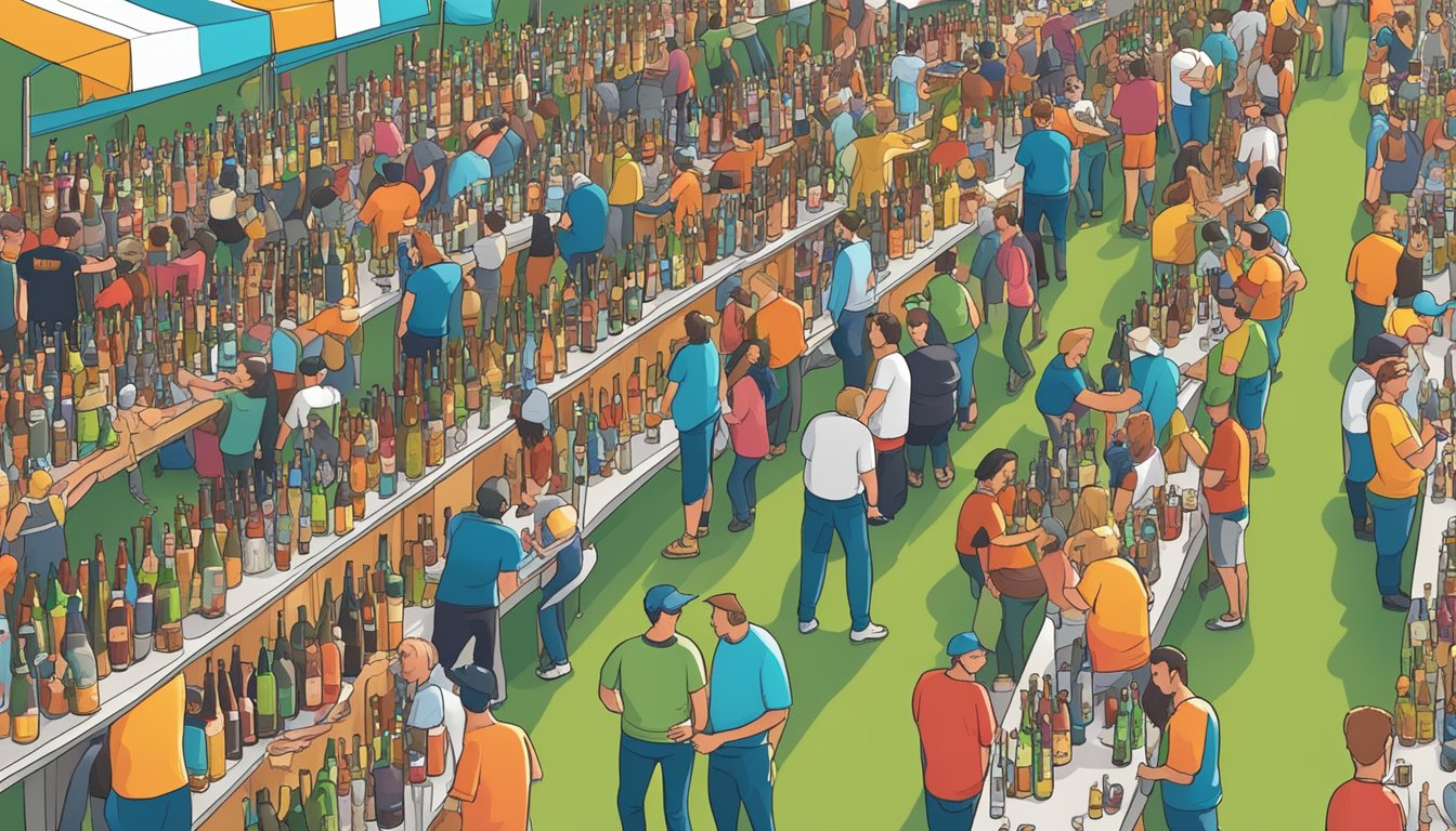 A bustling craft beer festival with rows of colorful beer taps and enthusiastic patrons sampling various brews