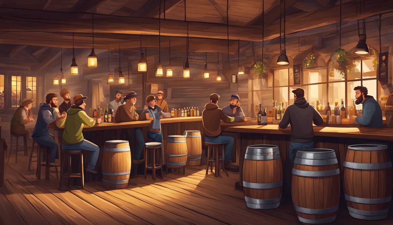 A cozy brewery with rustic decor and wooden barrels, patrons enjoying craft beer flights and chatting at the bar