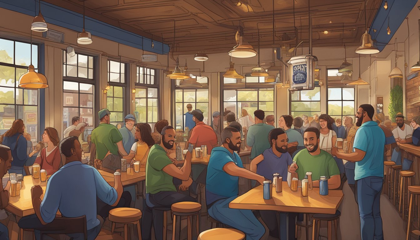 A bustling local brewery scene with diverse patrons enjoying Joliet craft beers in a vibrant, welcoming atmosphere