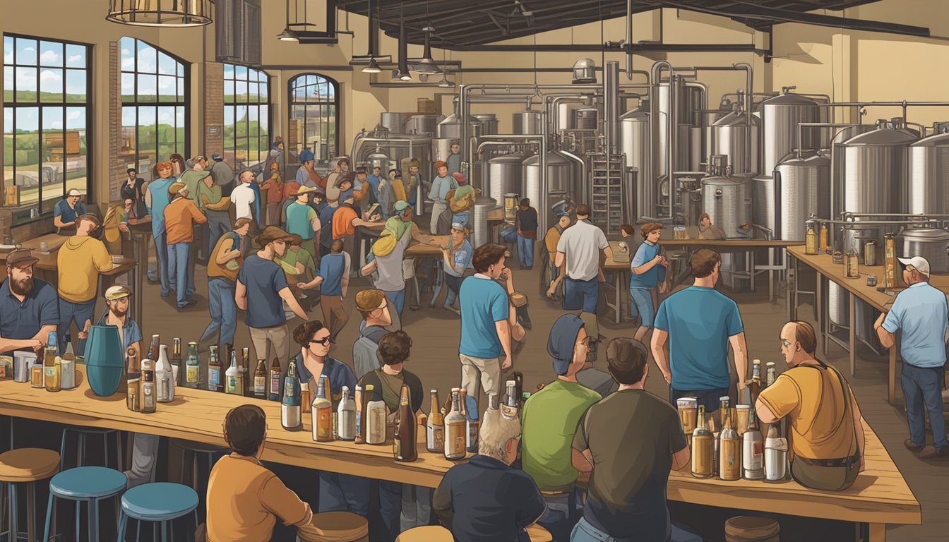 A bustling craft brewery scene in Wichita, Kansas, with a variety of unique beer labels on display, patrons enjoying tastings, and brewers hard at work in the background