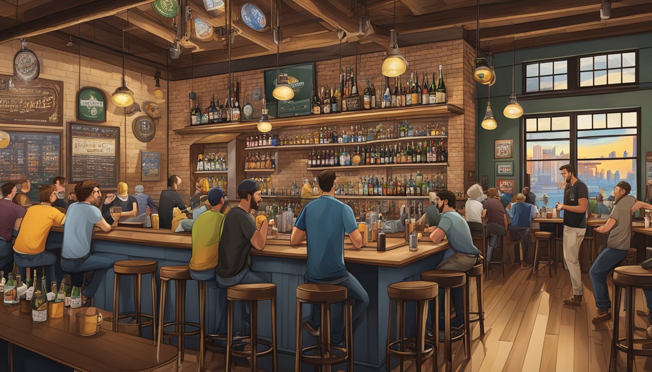 A bustling taproom with a variety of craft beer offerings, iconic Chicago brewery logos displayed on the walls, and patrons enjoying the lively atmosphere