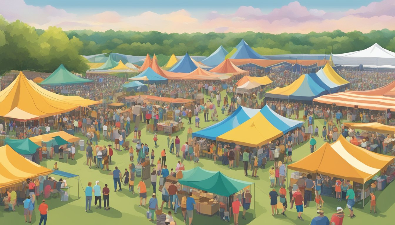 A bustling craft beer festival in Rockford, IL, with rows of colorful tents, people enjoying tastings, and live music filling the air