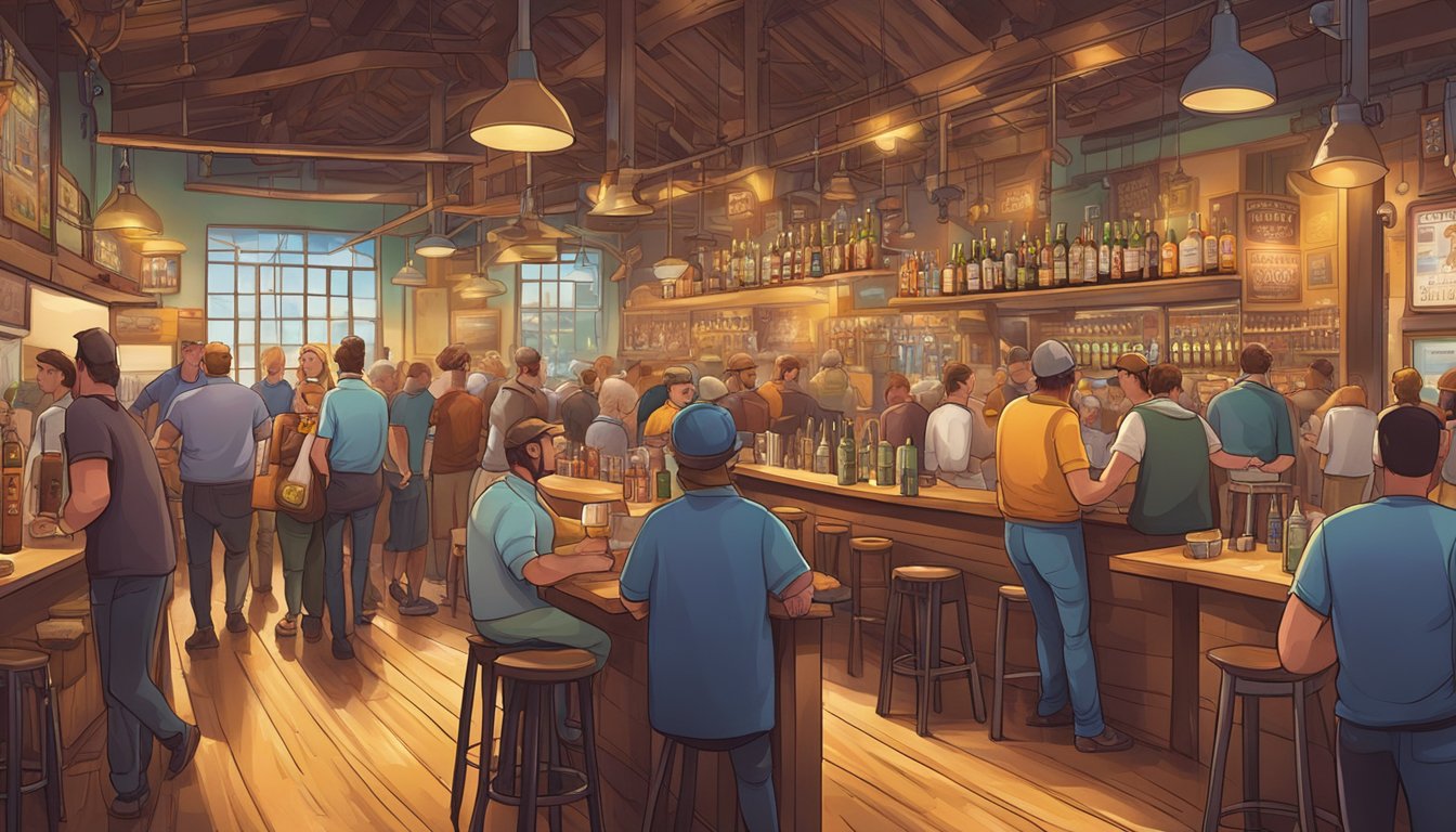 A bustling brewery scene with various beer offerings on display, surrounded by vibrant local artwork and lively patrons