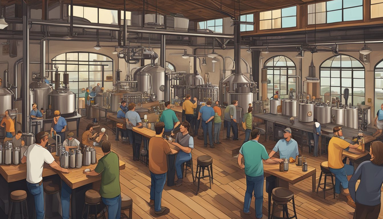 A bustling brewery scene with various beer taps, brewing equipment, and customers enjoying local craft beers in Wichita, KS