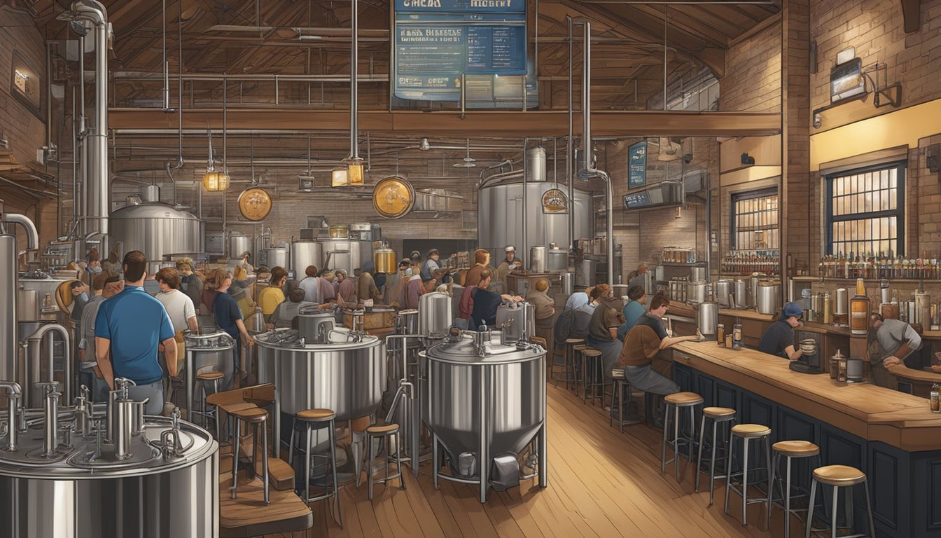 A bustling Chicago brewery scene, with diverse beer varieties and local specialties displayed on tap