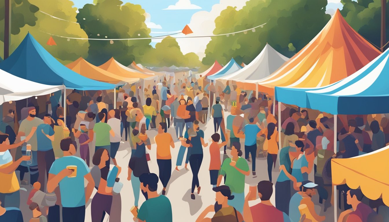 A crowded outdoor festival with colorful tents and banners, showcasing a variety of local craft beers. Music fills the air as people sample and enjoy the different brews