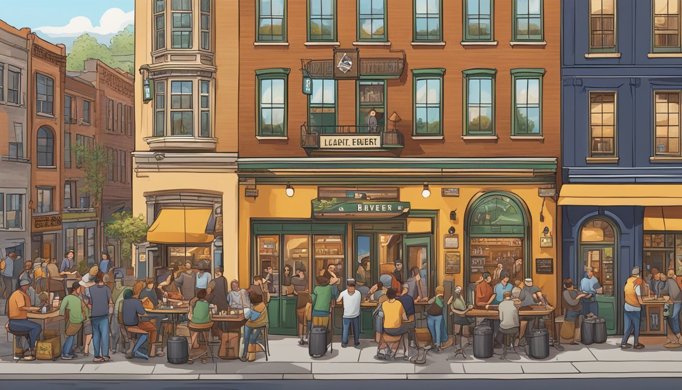 A bustling local brewery with patrons enjoying craft beers, surrounded by vibrant storefronts and lively street musicians