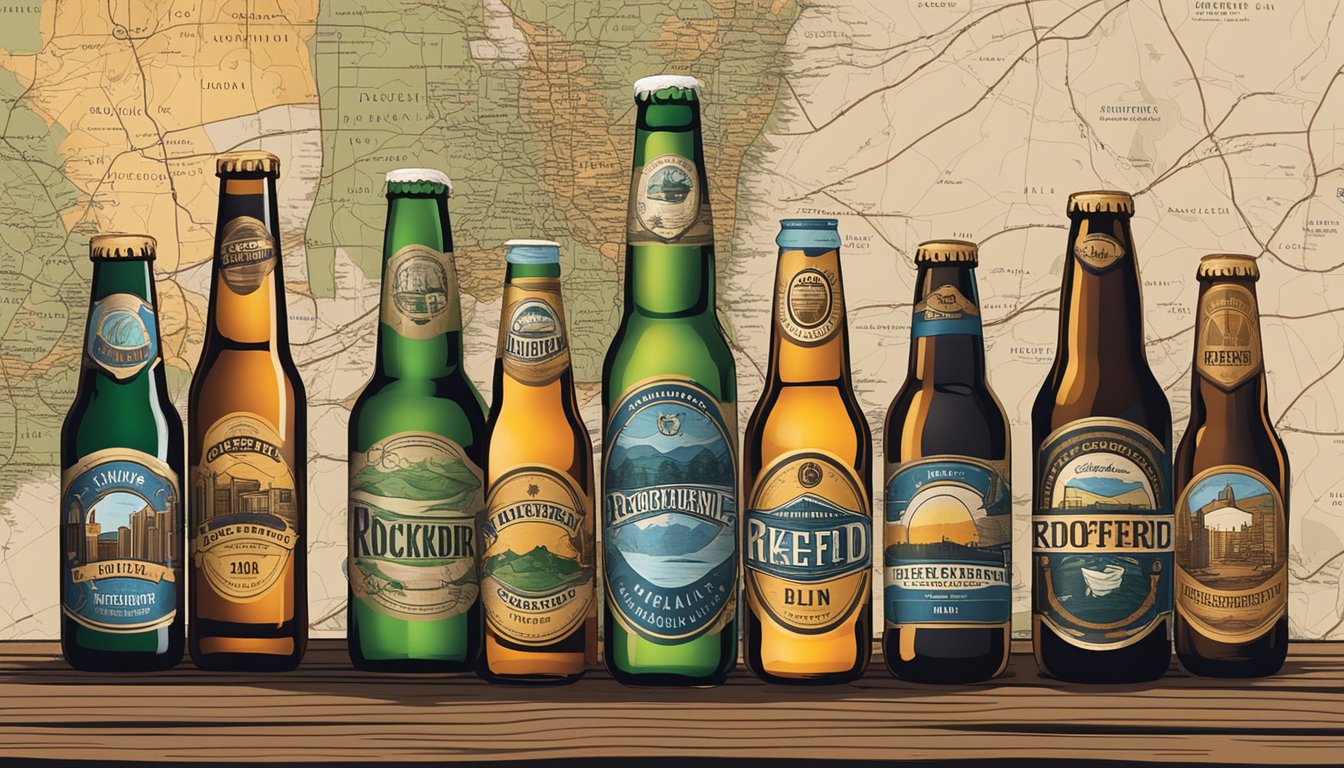 A group of craft beer bottles and cans from various local breweries arranged on a rustic wooden table with a map of Rockford, IL in the background