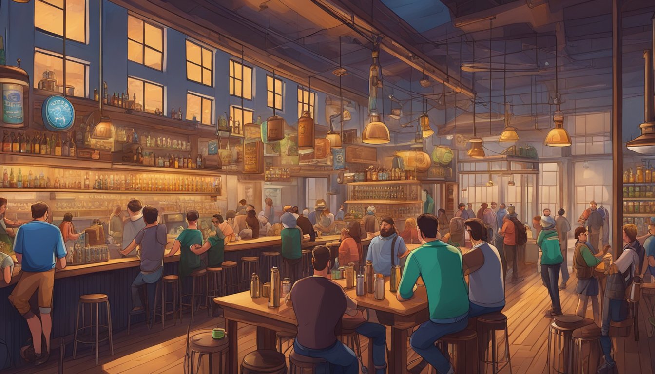 A bustling brewery with a variety of unique craft beers on tap, surrounded by locals enjoying the vibrant atmosphere