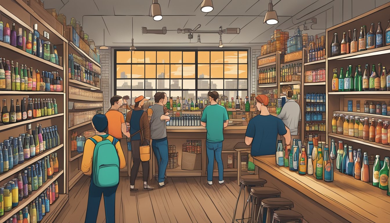 A bustling craft beer store in Chicago, with shelves lined with colorful bottles and cans, customers browsing and chatting with the knowledgeable staff