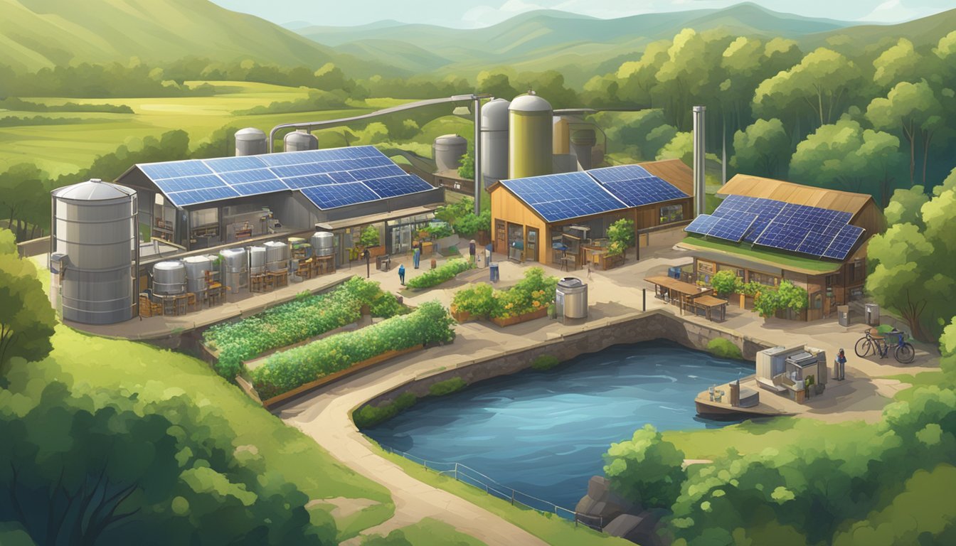 A brewery nestled in a lush, green landscape with solar panels and recycling bins. A river flows nearby, and customers enjoy outdoor seating