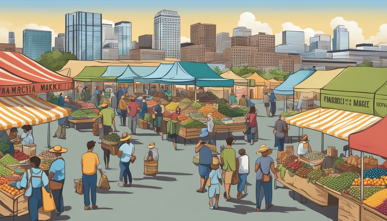 A bustling farmer's market with vendors selling locally crafted beverages, surrounded by the iconic skyline of Wichita, Kansas