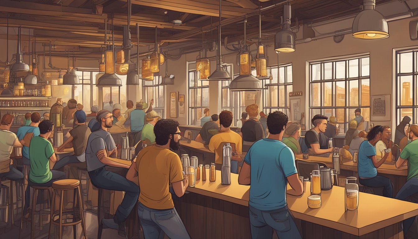 A bustling craft brewery scene in Chicago, with diverse beer styles, cozy taprooms, and local patrons enjoying the vibrant atmosphere