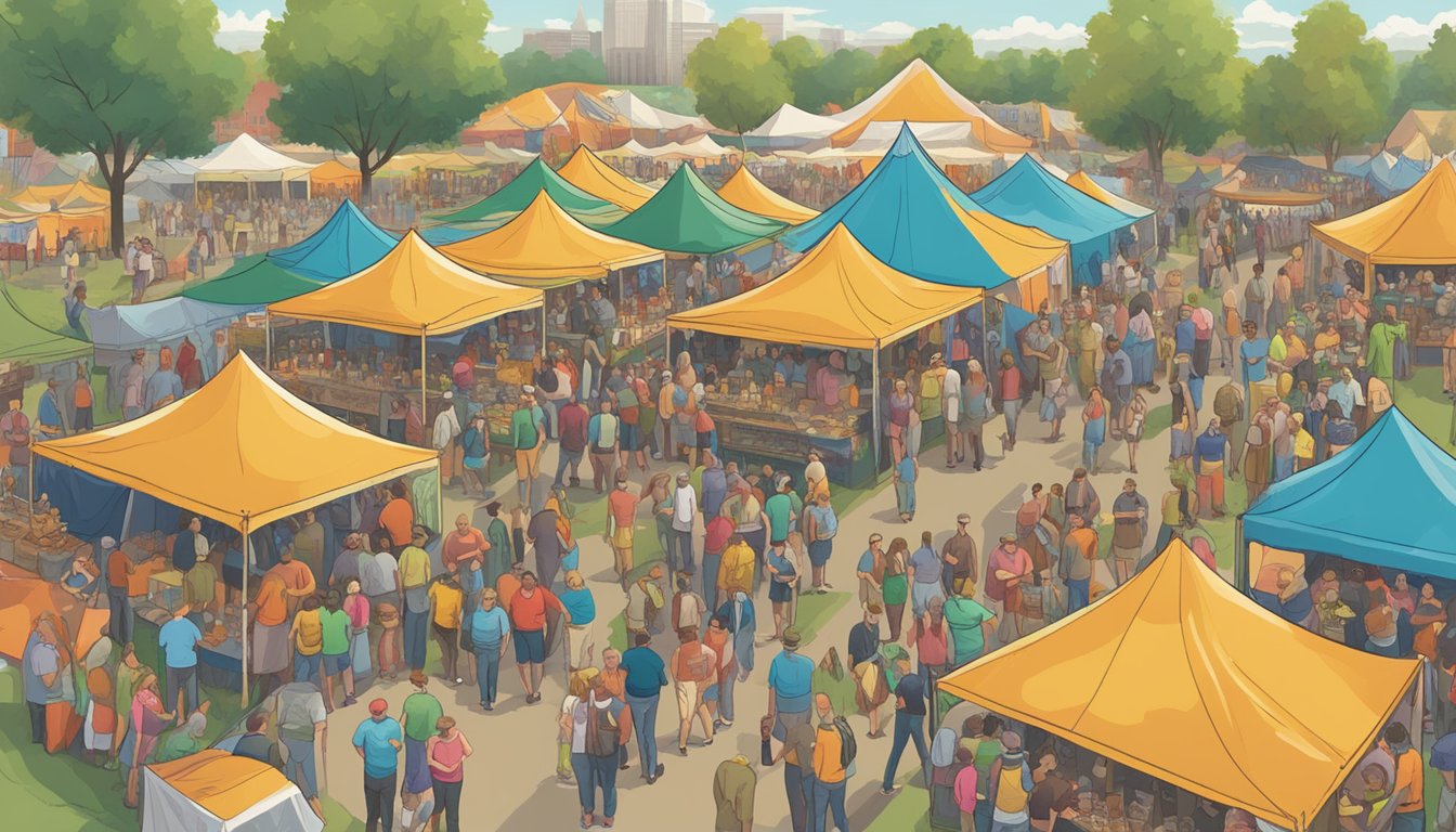 A bustling craft beer festival in Wichita, with rows of colorful beer tents and a lively crowd sampling different brews